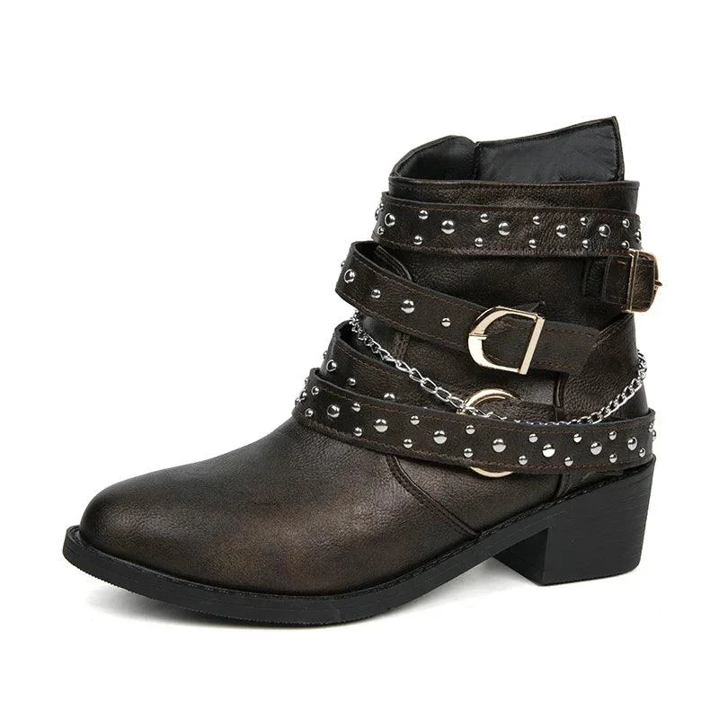 Woman Winter Cowboy Goth Punk Leather Ankle Boots - Glova