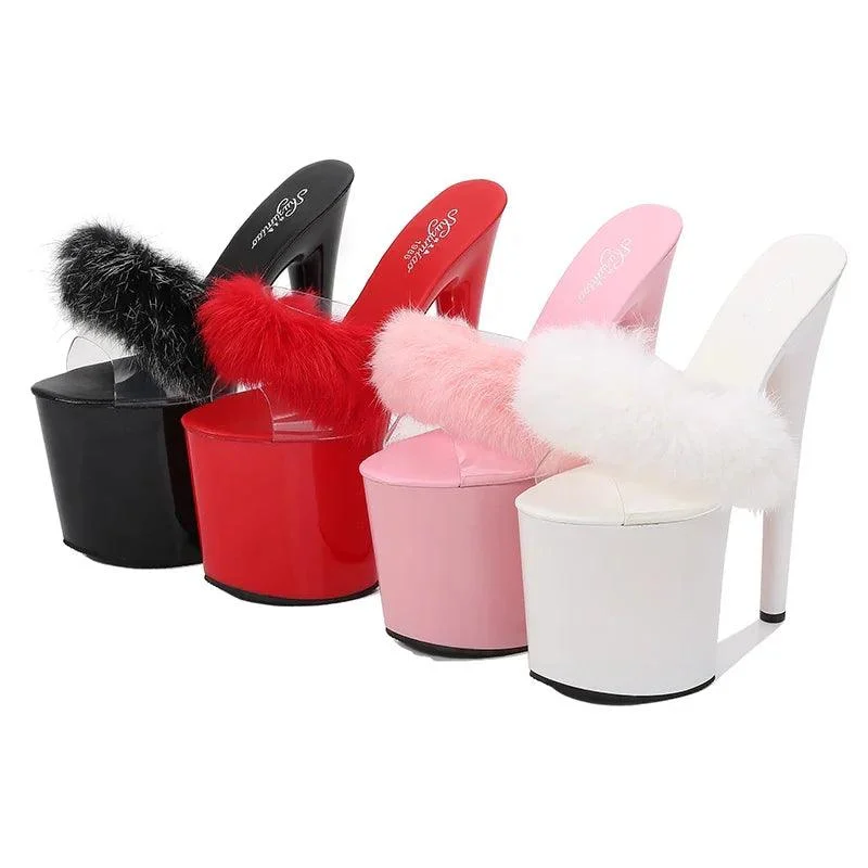 Women 20 cm High Heels Platform Fluffy Pole Dance Sandals - Glova