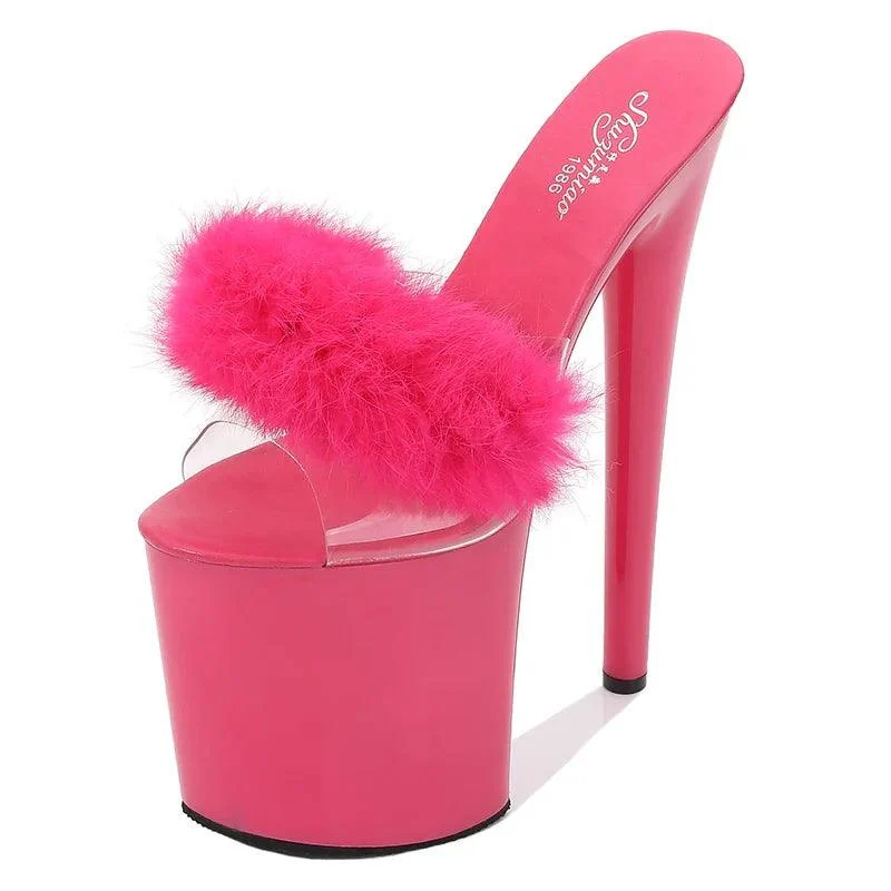 Women 20 cm High Heels Platform Fluffy Pole Dance Sandals - Glova