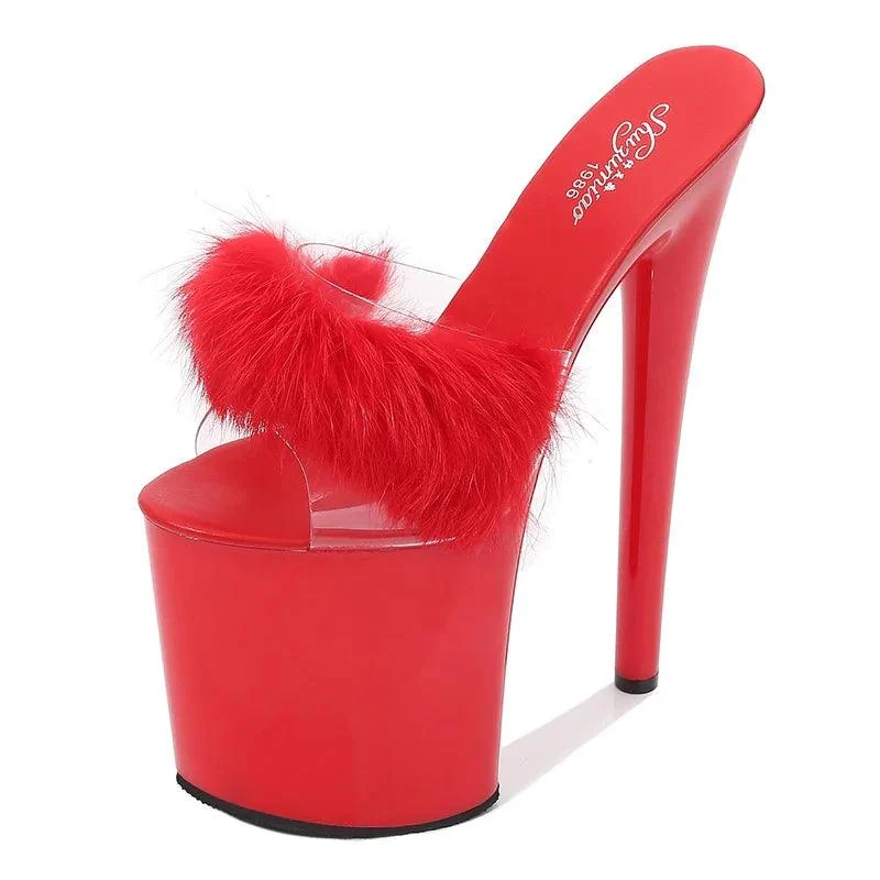 Women 20 cm High Heels Platform Fluffy Pole Dance Sandals - Glova