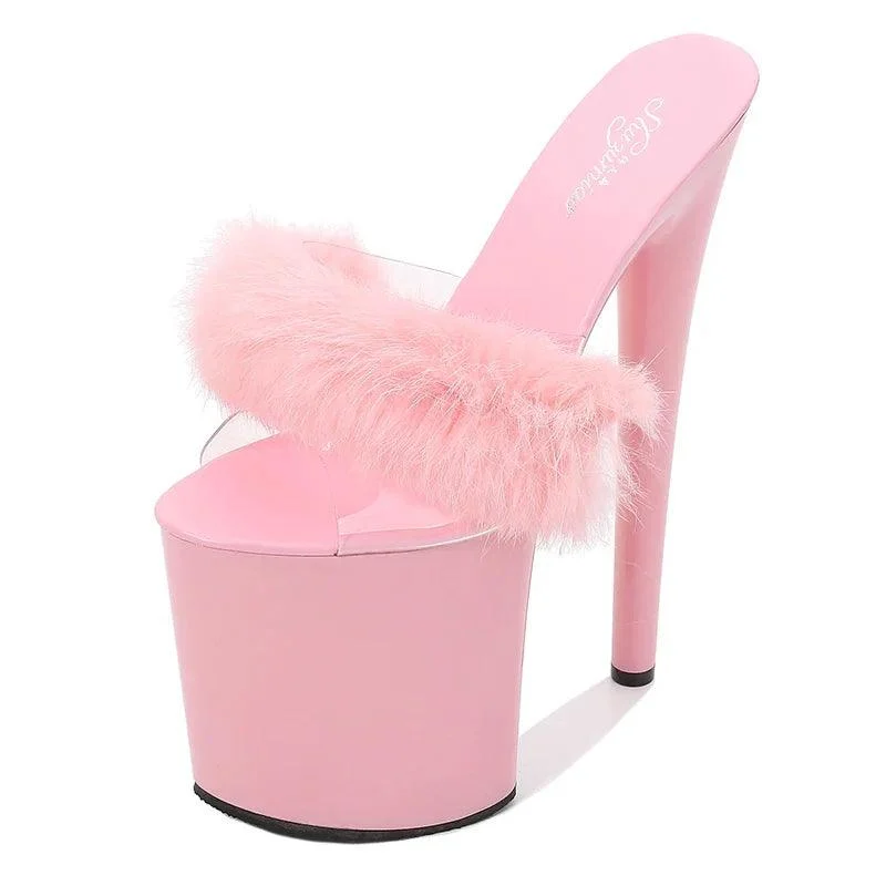 Women 20 cm High Heels Platform Fluffy Pole Dance Sandals - Glova