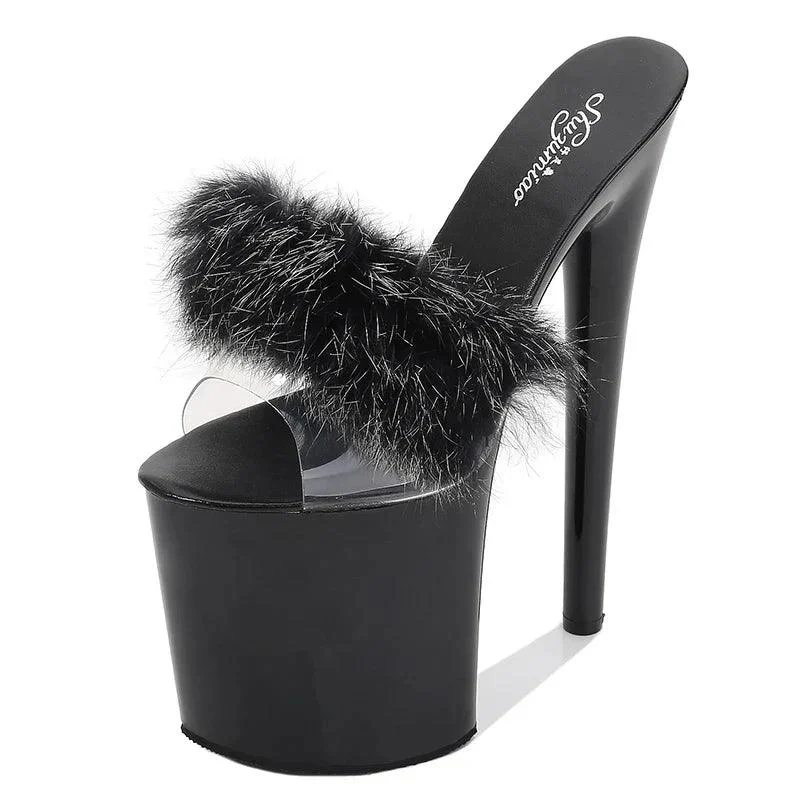 Women 20 cm High Heels Platform Fluffy Pole Dance Sandals - Glova