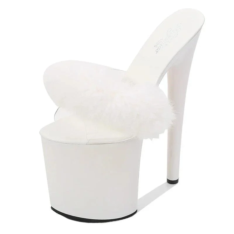 Women 20 cm High Heels Platform Fluffy Pole Dance Sandals - Glova