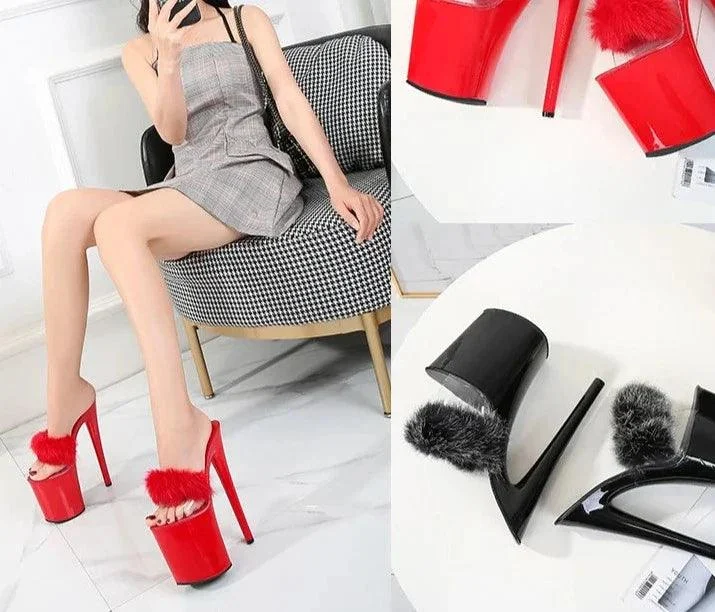 Women 20 cm High Heels Platform Fluffy Pole Dance Sandals - Glova