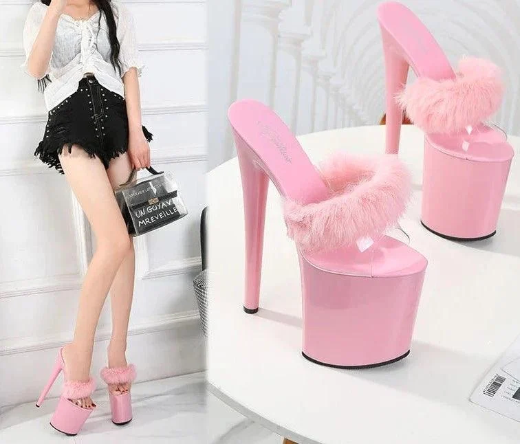 Women 20 cm High Heels Platform Fluffy Pole Dance Sandals - Glova