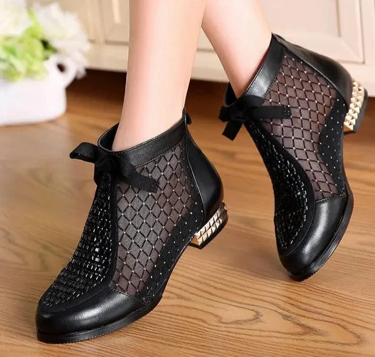 Women Ankle Boots Bow Hollow Mesh - Glova