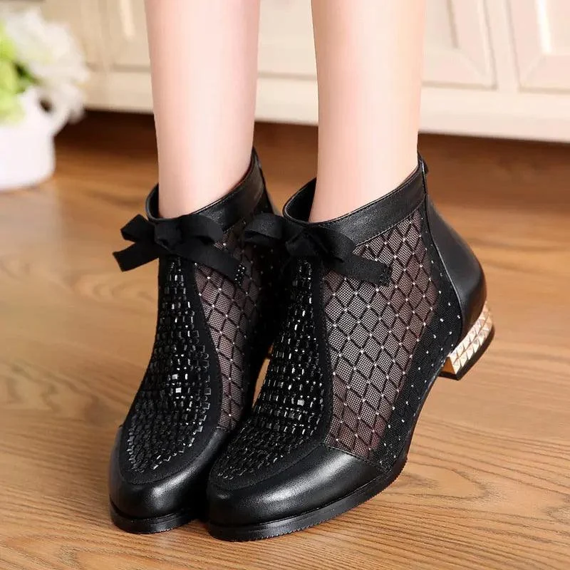 Women Ankle Boots Bow Hollow Mesh - Glova