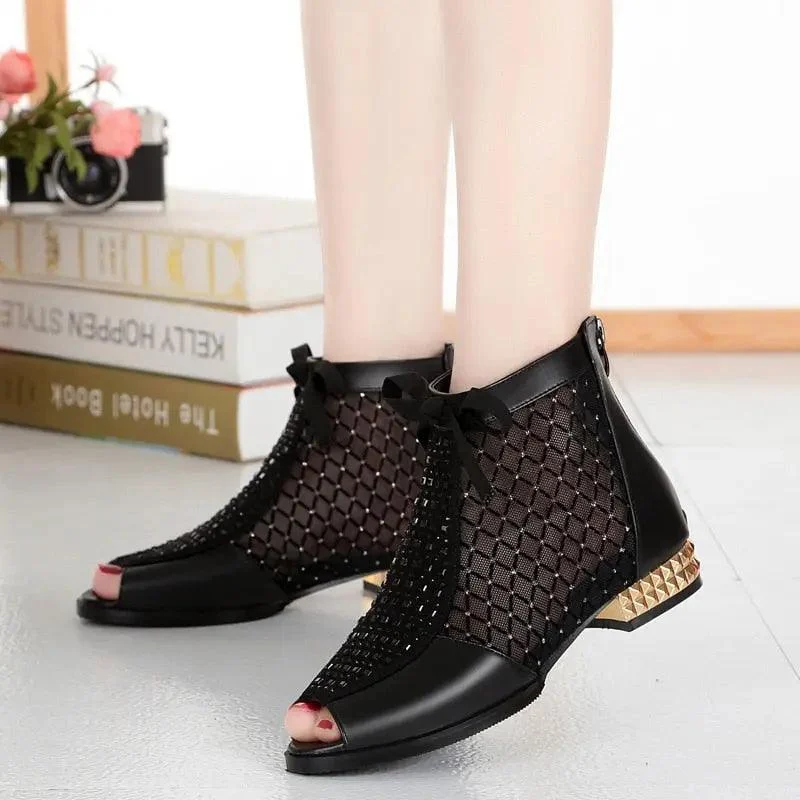 Women Ankle Boots Bow Hollow Mesh - Glova