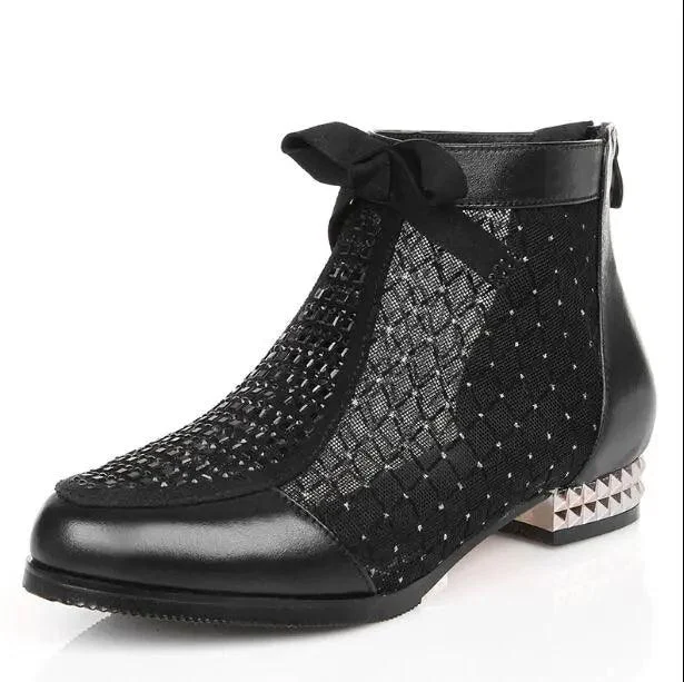 Women Ankle Boots Bow Hollow Mesh - Glova