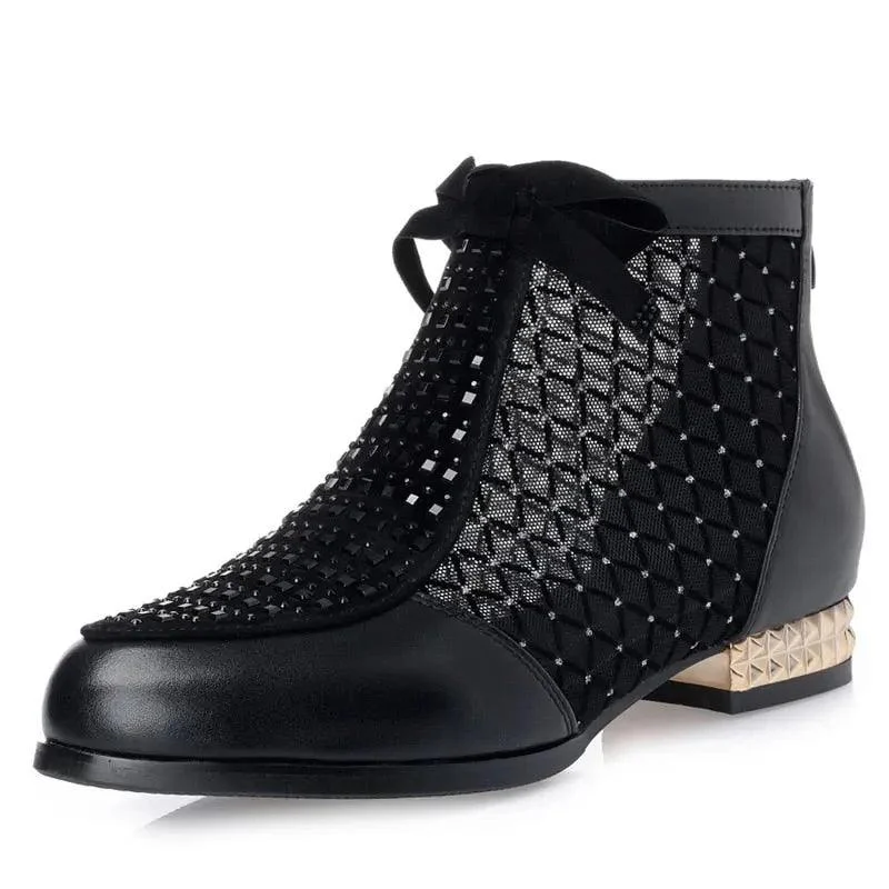 Women Ankle Boots Bow Hollow Mesh - Glova