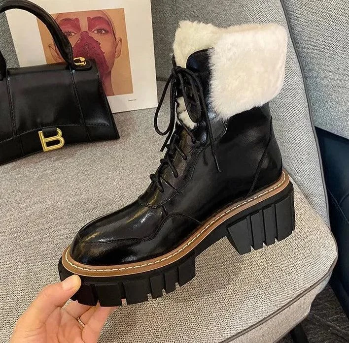 Women Ankle Boots Cowhide and Wool Snow Boots - Glova