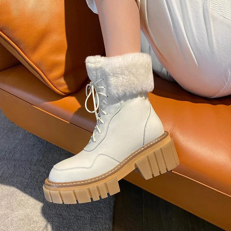 Women Ankle Boots Cowhide and Wool Snow Boots - Glova