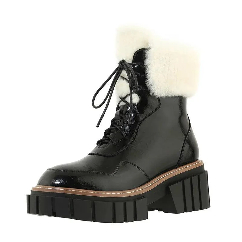 Women Ankle Boots Cowhide and Wool Snow Boots - Glova