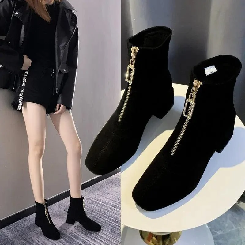 Women Ankle Boots Square Heeled Shoes - Glova