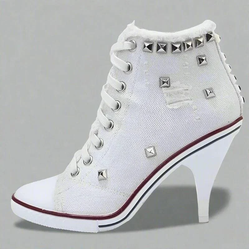 Women Canvas Thin Heels High Top Cross Straps White Boot - Glova