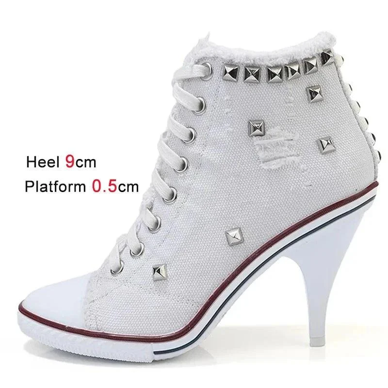 Women Canvas Thin Heels High Top Cross Straps White Boot - Glova