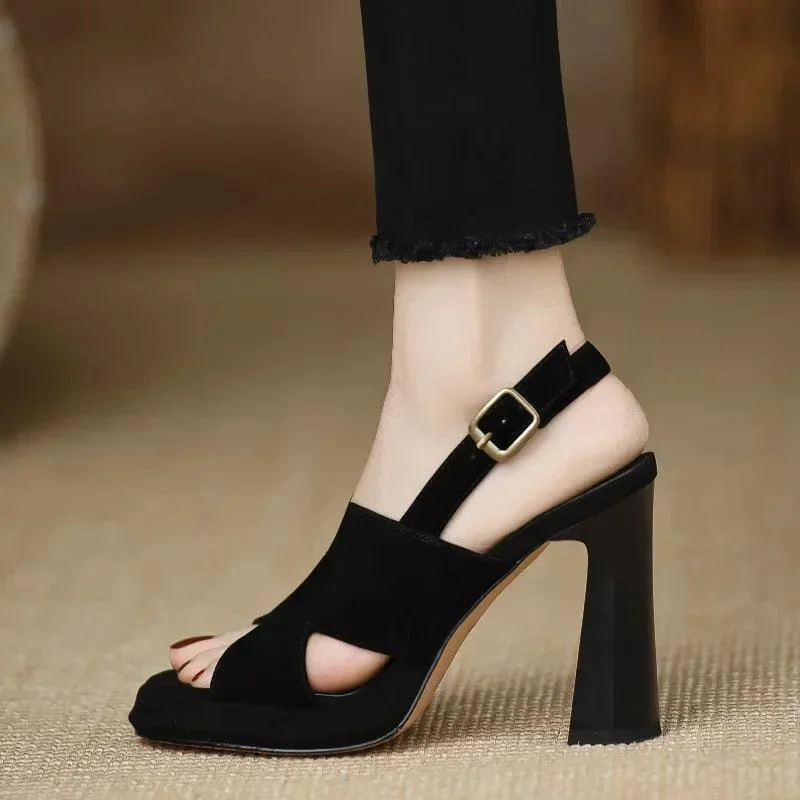 Women Cross Strap Buckle Platform Heels Sandals - Glova