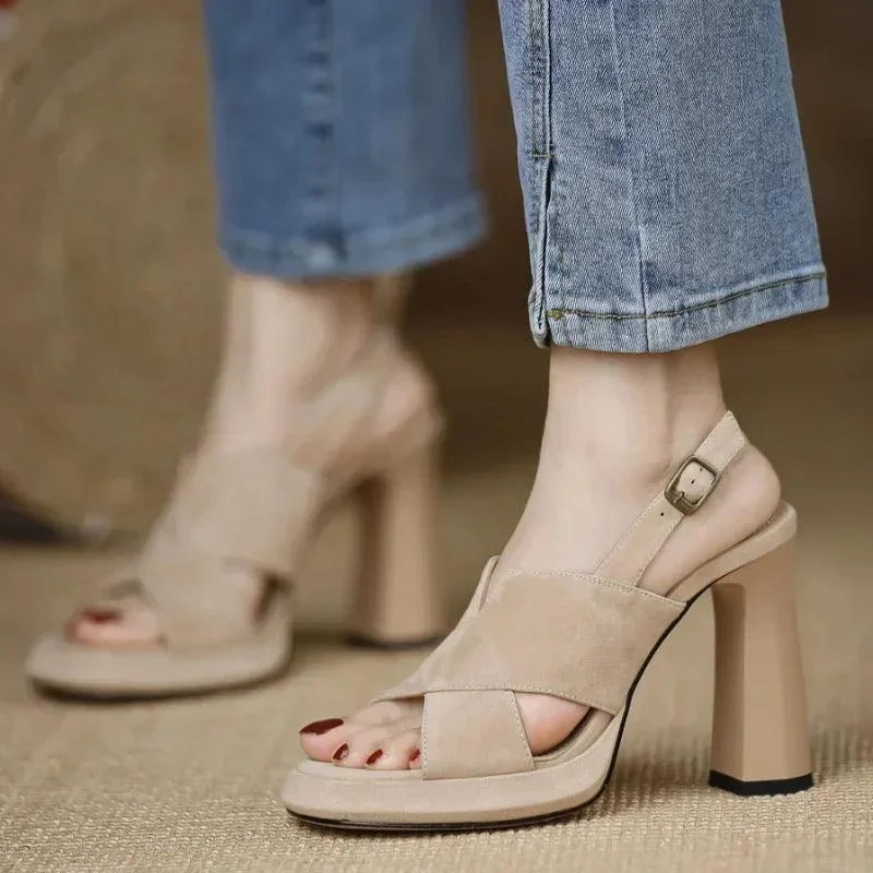 Women Cross Strap Buckle Platform Heels Sandals - Glova