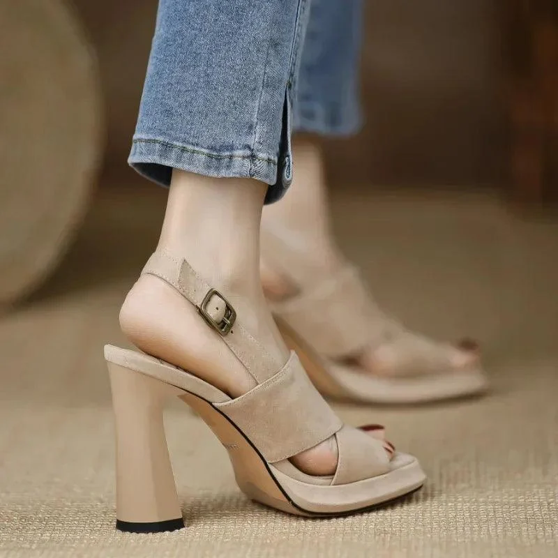 Women Cross Strap Buckle Platform Heels Sandals - Glova