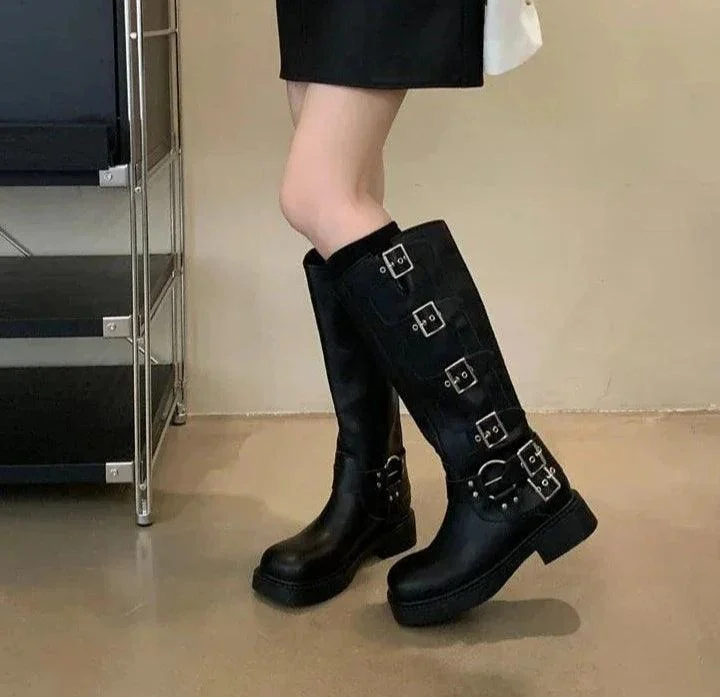 Women Fashion Metal Decoration Knee High Boots - Glova