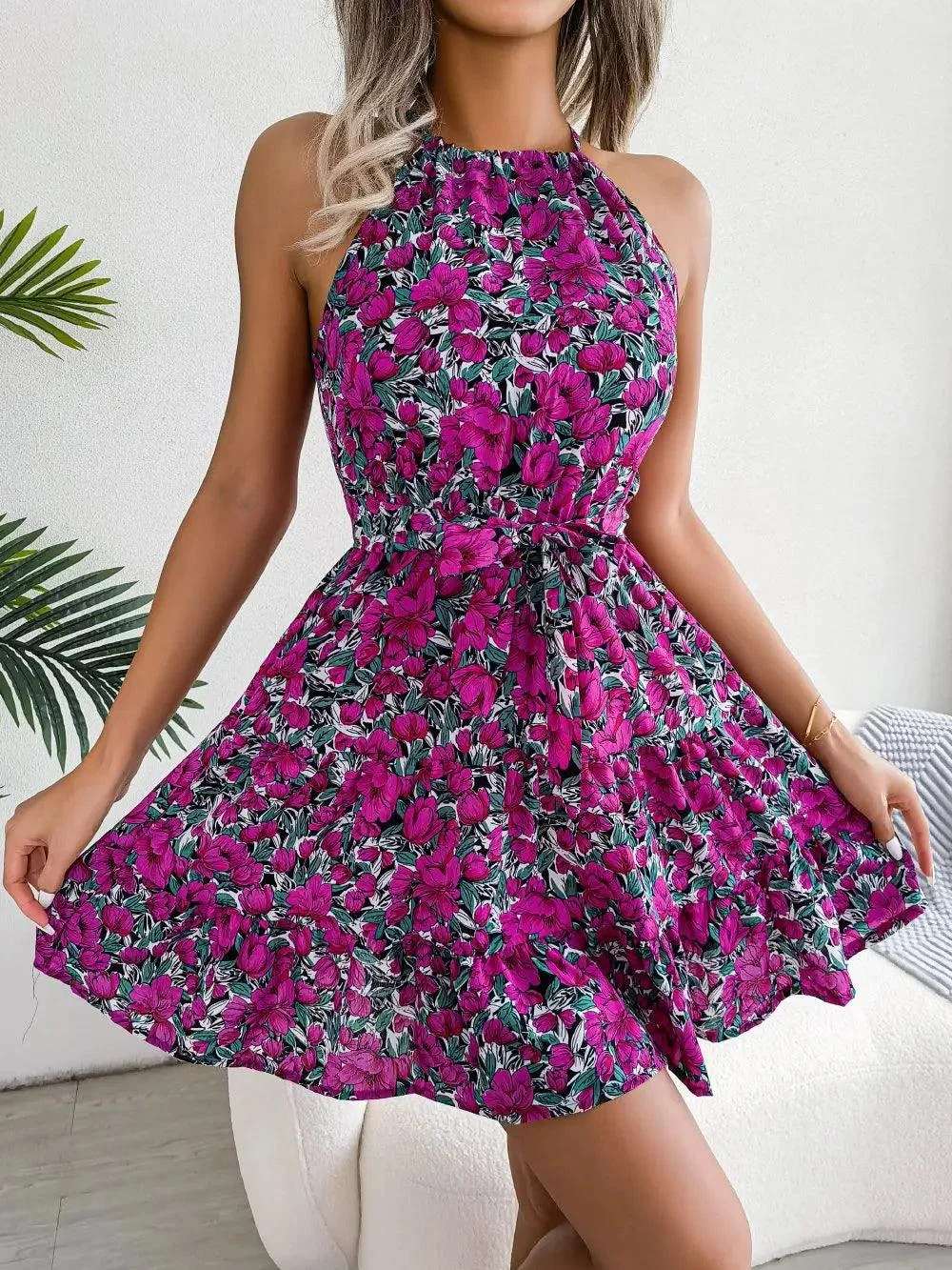 Women Floral Print Ruffles Halter Neck Mini Dress - Glova