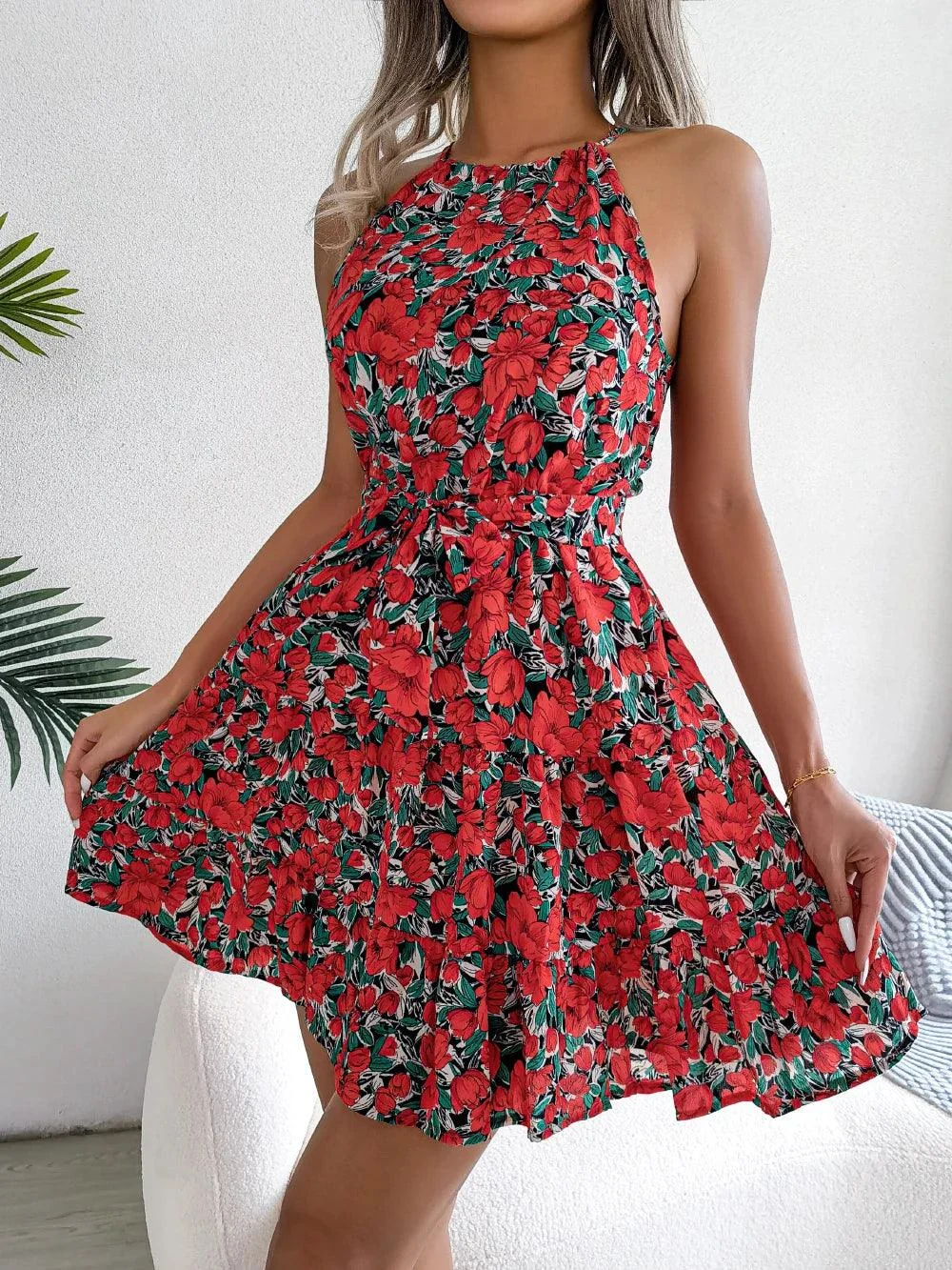 Women Floral Print Ruffles Halter Neck Mini Dress - Glova