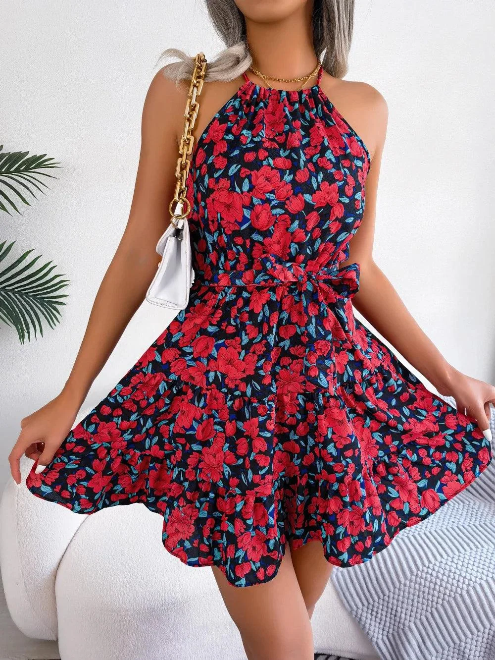 Women Floral Print Ruffles Halter Neck Mini Dress - Glova