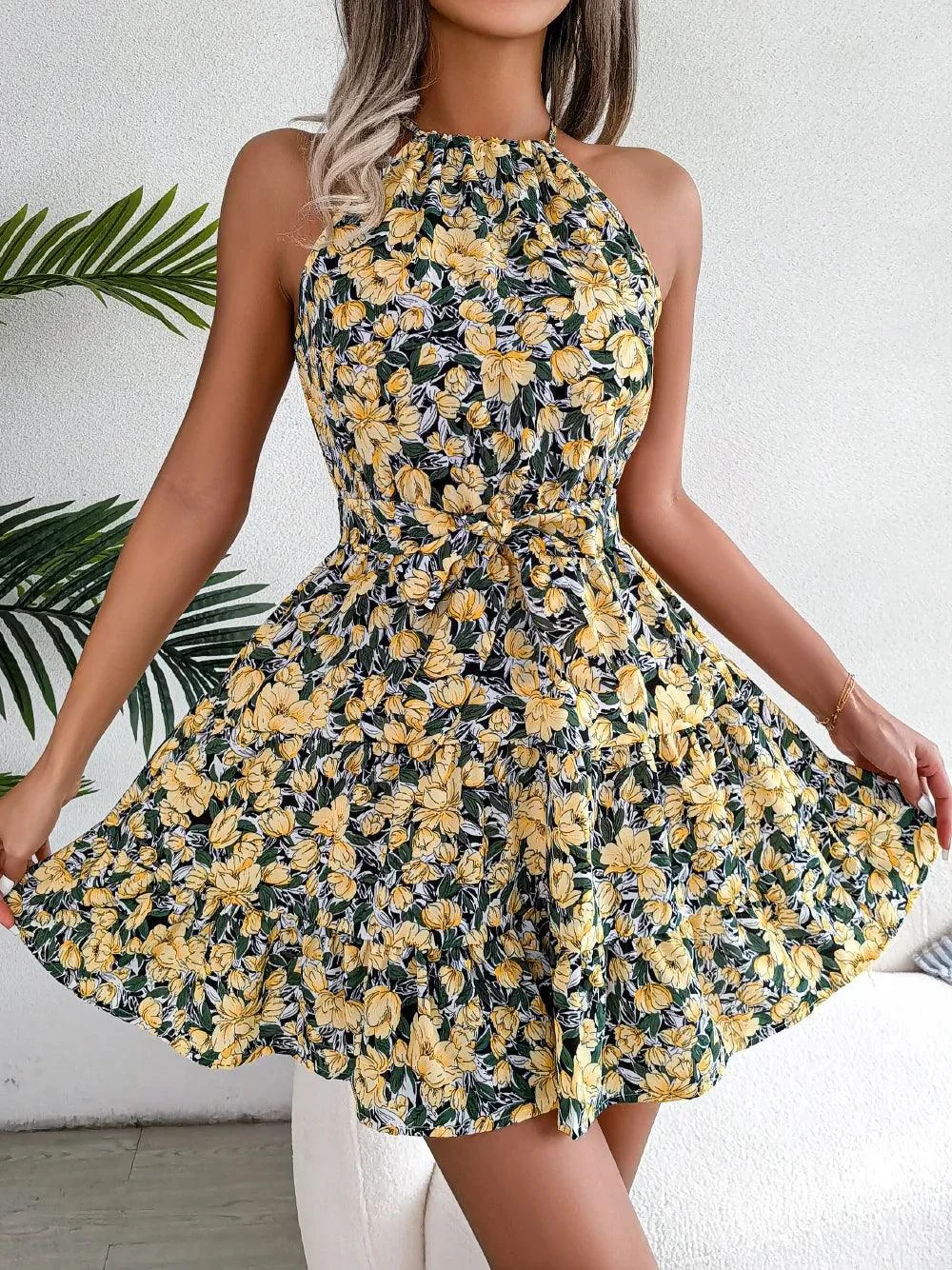 Women Floral Print Ruffles Halter Neck Mini Dress - Glova