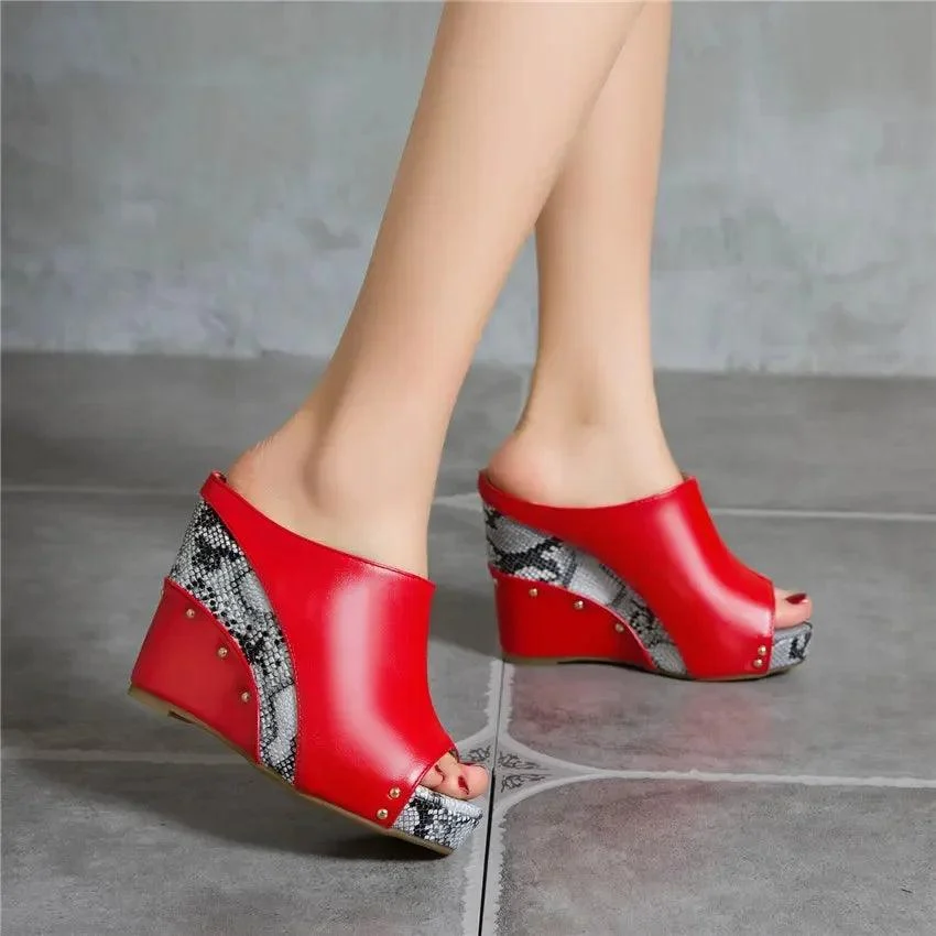 Women High Thick Heels Peep Toe Rivet Wedge Shoes - Glova