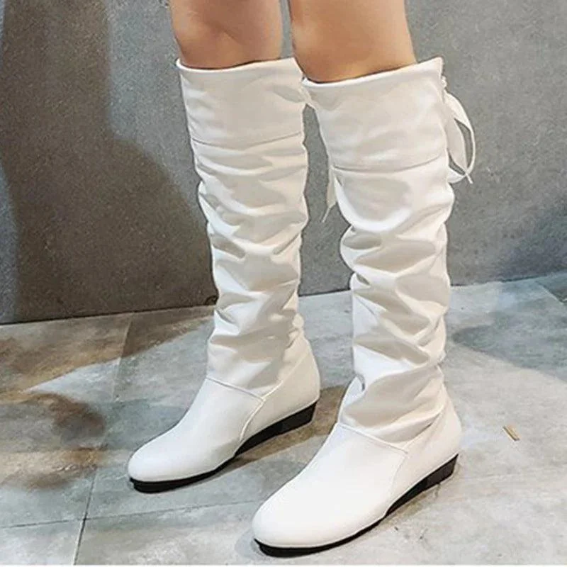 Women Knee High Pleated Low Heel Leather Boots - Glova