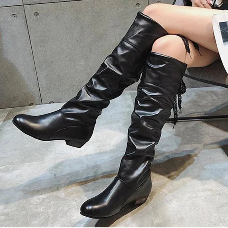 Women Knee High Pleated Low Heel Leather Boots - Glova