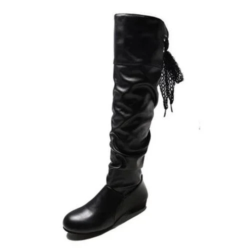 Women Knee High Pleated Low Heel Leather Boots - Glova