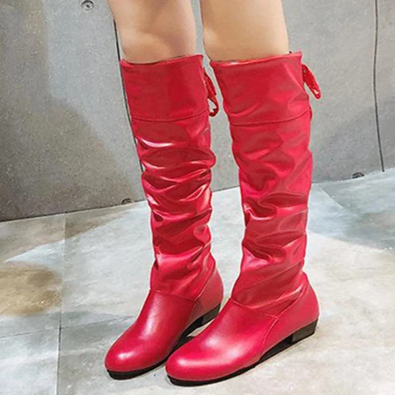 Women Knee High Pleated Low Heel Leather Boots - Glova