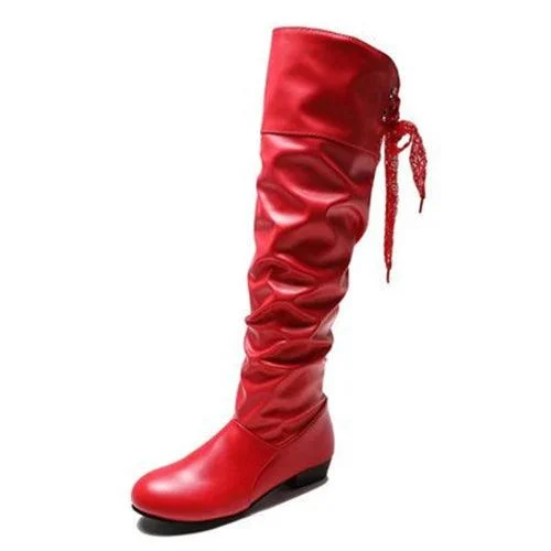 Women Knee High Pleated Low Heel Leather Boots - Glova