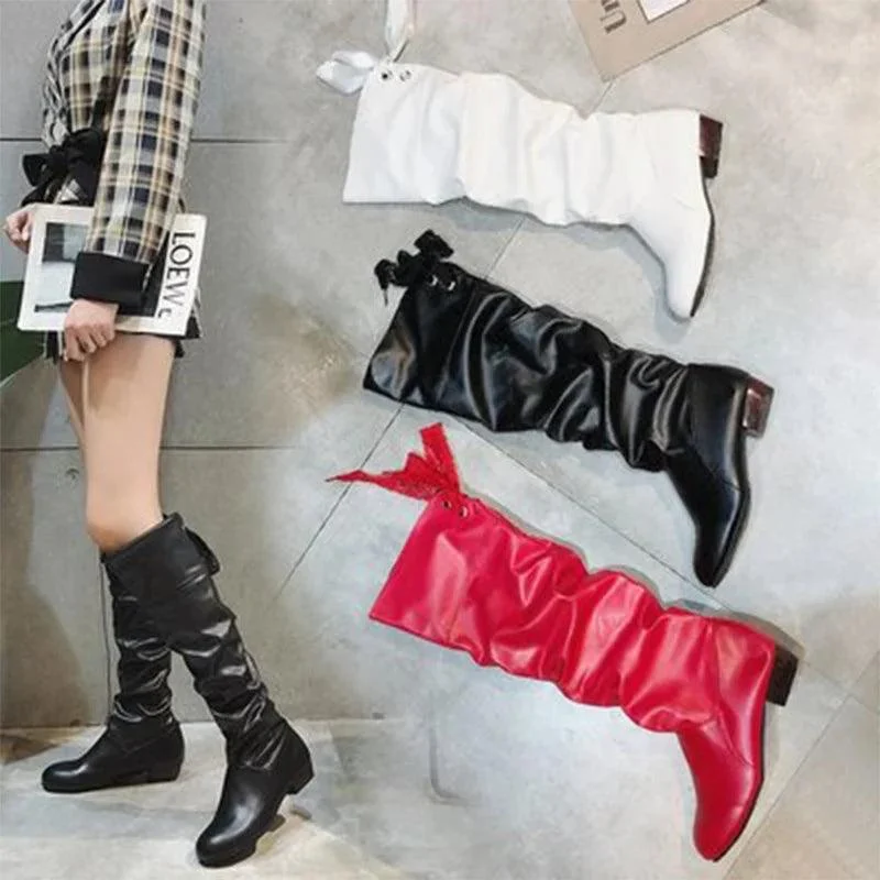 Women Knee High Pleated Low Heel Leather Boots - Glova