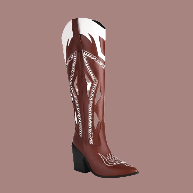 Women Leather Embroidery 9cm Thick Heels Long Boots - Glova