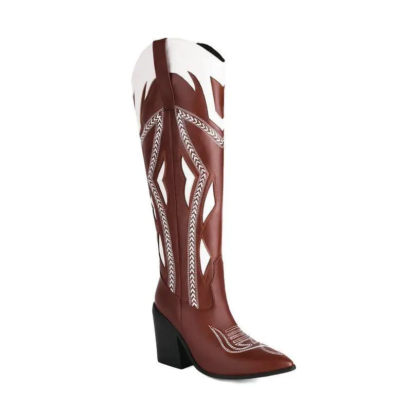 Women Leather Embroidery 9cm Thick Heels Long Boots - Glova