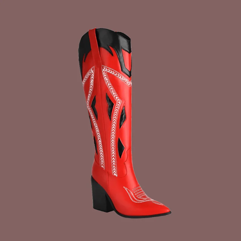 Women Leather Embroidery 9cm Thick Heels Long Boots - Glova