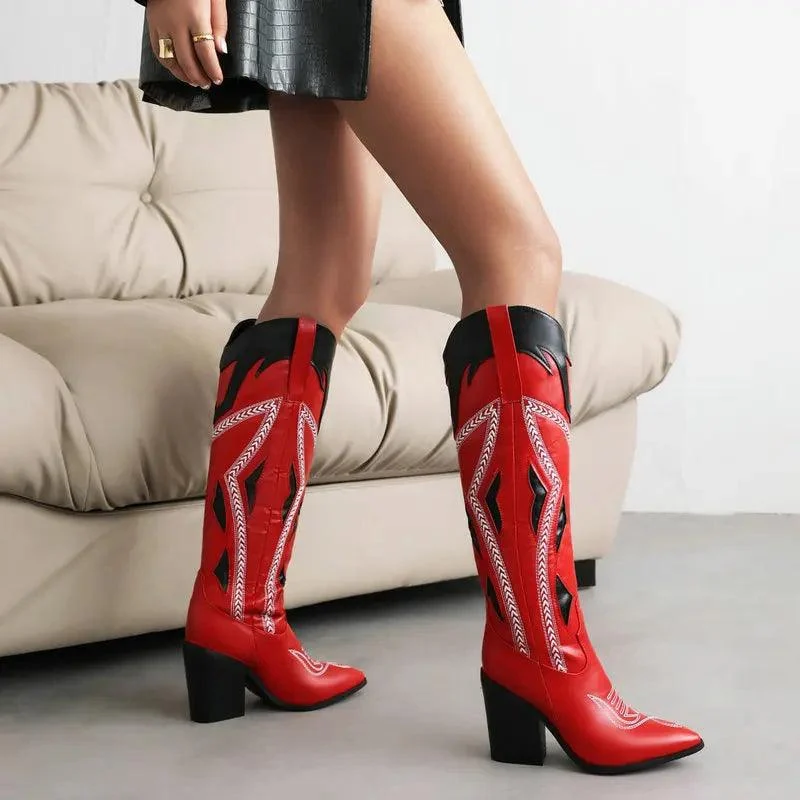 Women Leather Embroidery 9cm Thick Heels Long Boots - Glova