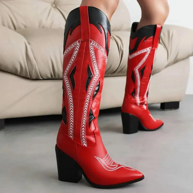 Women Leather Embroidery 9cm Thick Heels Long Boots - Glova