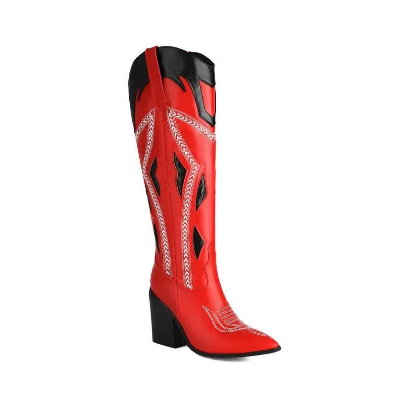 Women Leather Embroidery 9cm Thick Heels Long Boots - Glova