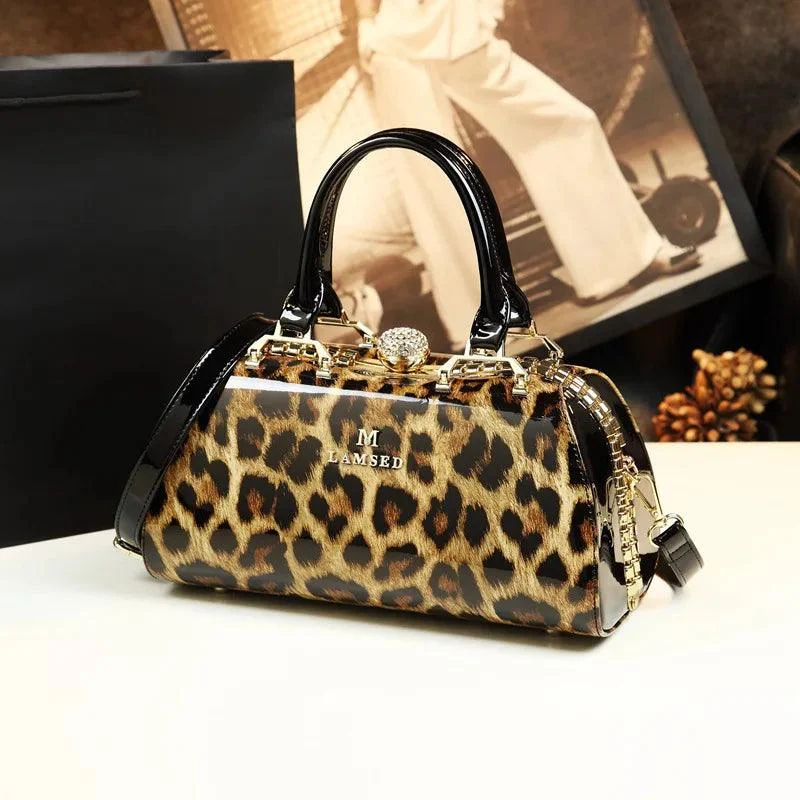 Women Leather Top Handle Handbag Leopard Print Clutch - Glova