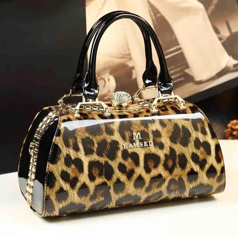 Women Leather Top Handle Handbag Leopard Print Clutch - Glova