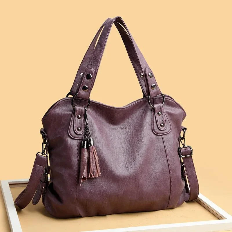 Women Leather Top-handle Vintage Tassels Shoulder Bag - Glova