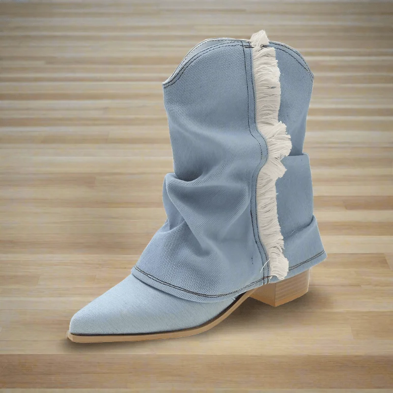 Women Long Boots Denim Chunky Sole Knight Boots - Glova