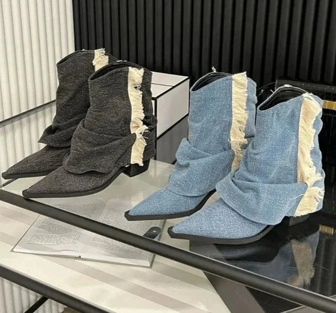 Women Long Boots Denim Chunky Sole Knight Boots - Glova