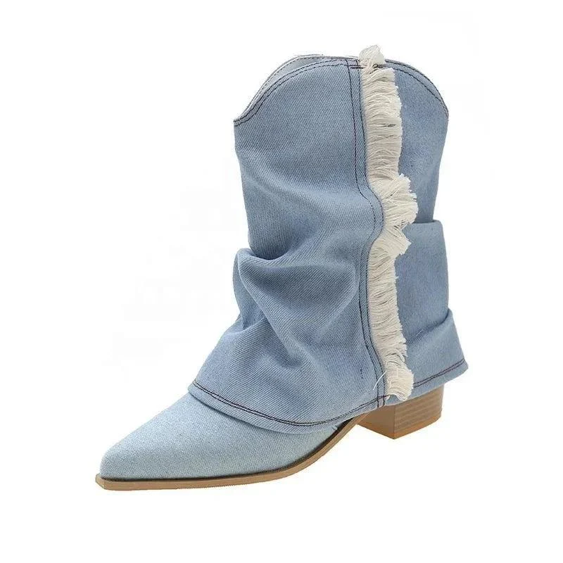 Women Long Boots Denim Chunky Sole Knight Boots - Glova