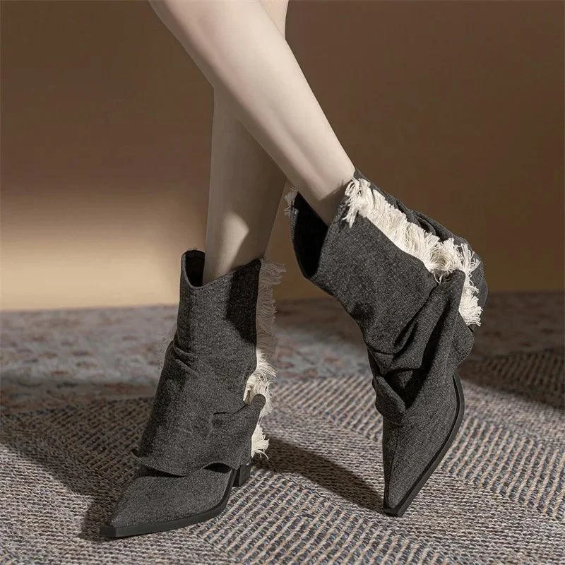 Women Long Boots Denim Chunky Sole Knight Boots - Glova