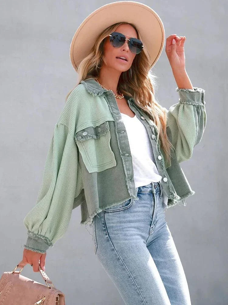 Women Long Sleeve Patchwork Outwear Loose Jackets - Glova