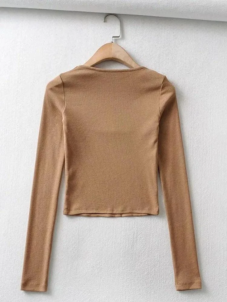 Women Long Sleeves Cotton Ribbed Square Neck Crop Top - Glova